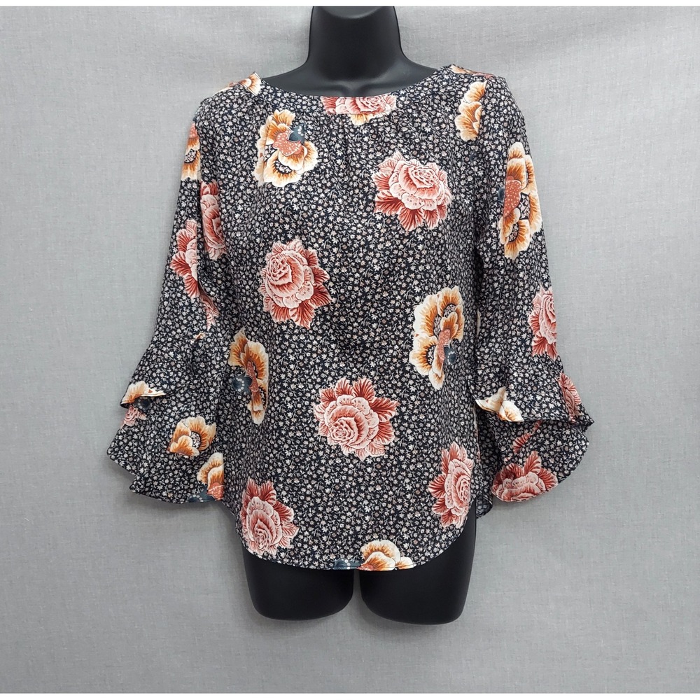 LOFT Floral Peasant Blouse XS Boho Romantic Top Gathered Neck Flowy‎ Ruffle Cuff